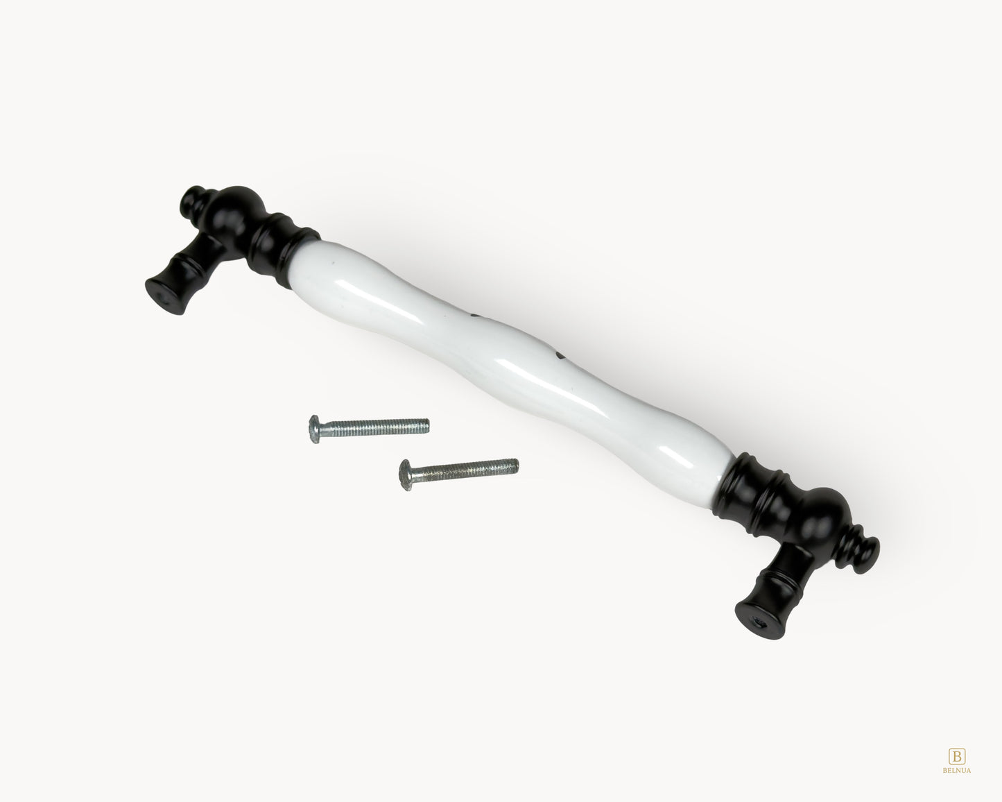 Eloura black porcelain 160mm cabinet handle shown with fixing screws included for installation