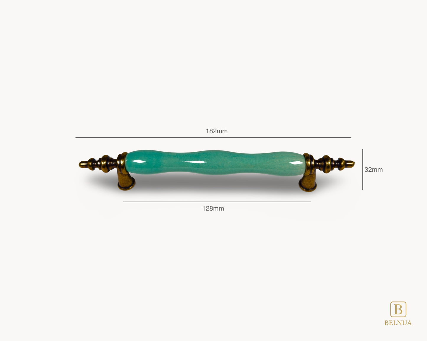 Belnua - Measurement of VELNOA cabinet handle in antique brass finish with turquoise porcelain insert for 128mm handle