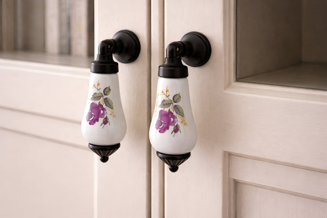 Close-up of Belnua porcelain handle installed on bookshelf.