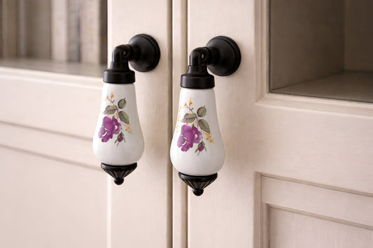 Close-up of Belnua porcelain handle installed on bookshelf.