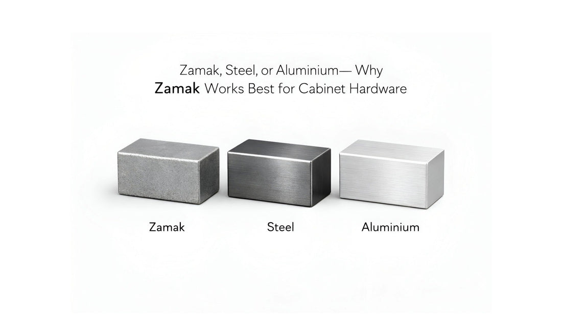 Zamak, steel and aluminium blocks compared side by side, showing why zamak offers superior weight, detail precision and durability for luxury cabinet hardware by Belnua.
