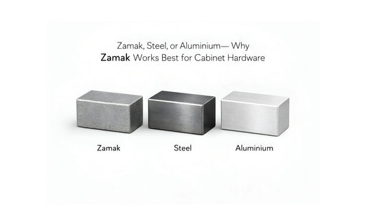 Zamak, steel and aluminium blocks compared side by side, showing why zamak offers superior weight, detail precision and durability for luxury cabinet hardware by Belnua.
