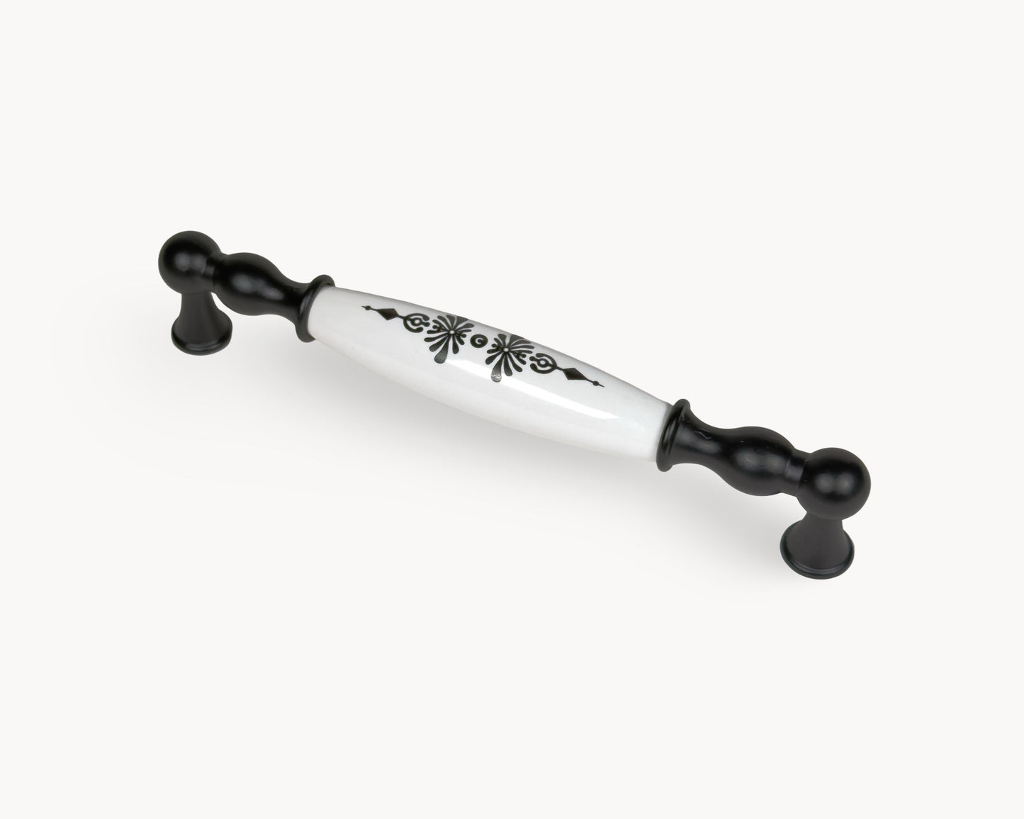 Angled view of Belmira black porcelain handle featuring Midnight Blossom pattern, 160mm centre to centre