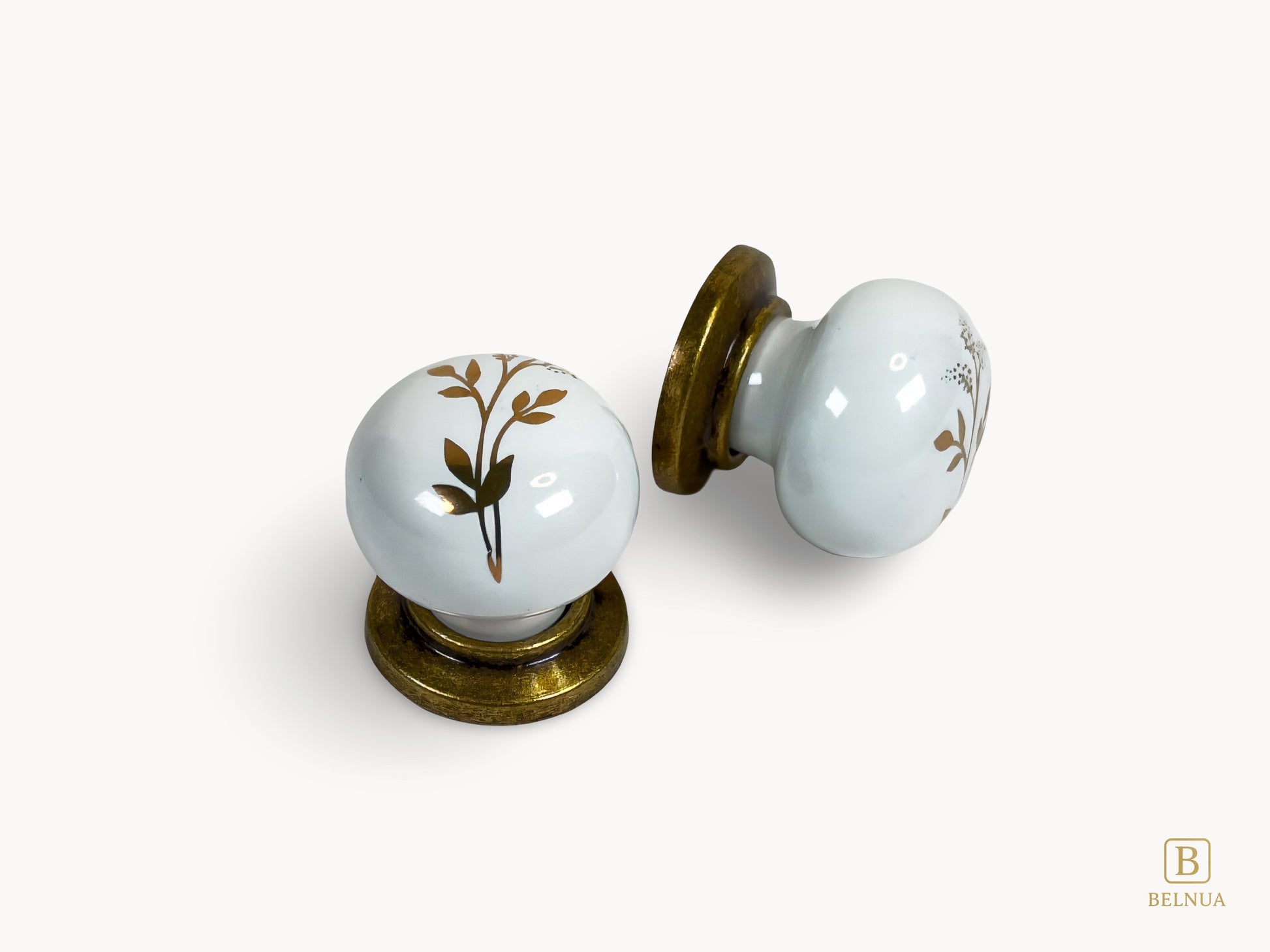 Top and side view of Zerra porcelain/ceramic cabinet withe knobs with Earth Brown Floral Motif | Belnua
