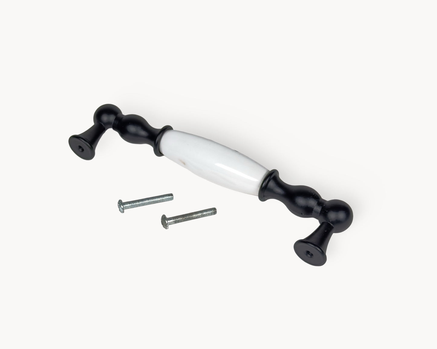 Belmira black and white porcelain cabinet handle with screws included, Midnight Blossom design, 128mm