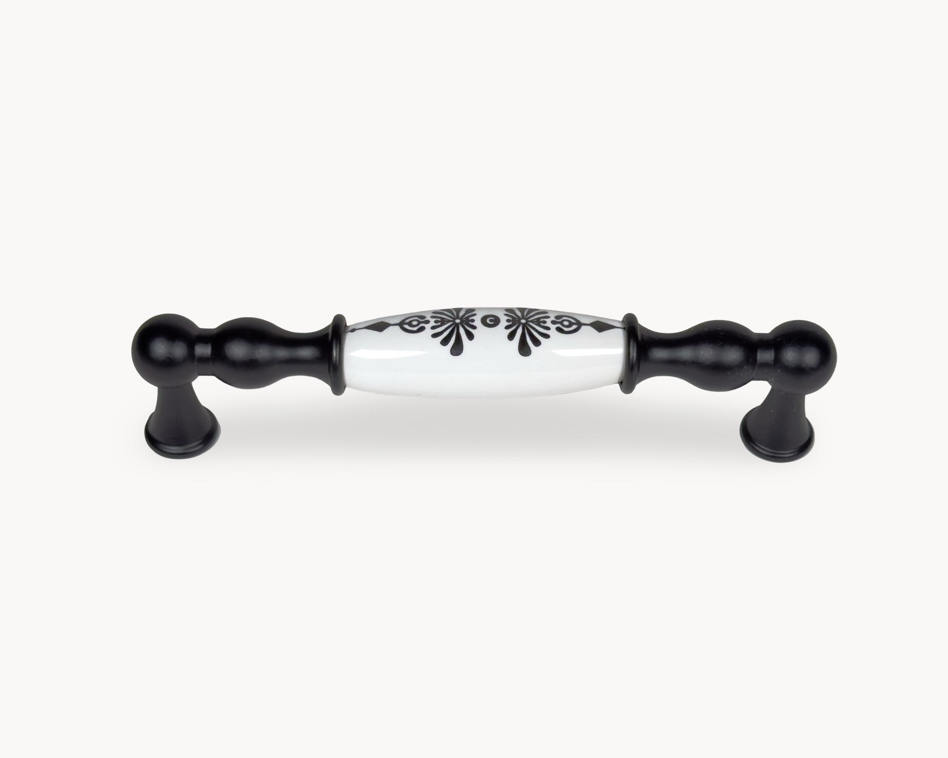 Belmira black cabinet handle with white porcelain insert and Midnight Blossom motif, 128mm centre to centre