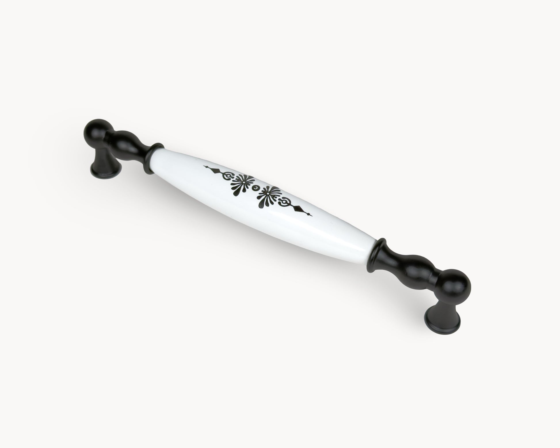 Angled view of Belmira black porcelain handle 192mm with decorative Midnight Blossom design