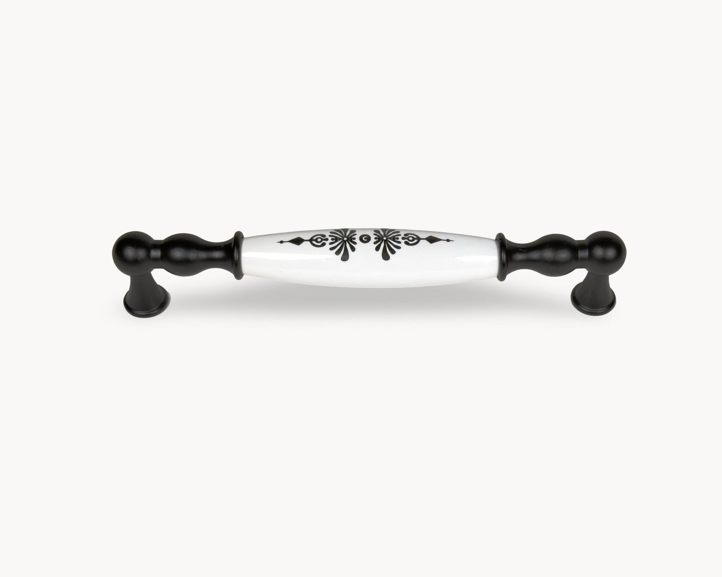 Belmira black cabinet handle with white porcelain insert and Midnight Blossom motif, 160mm centre to centre, front view