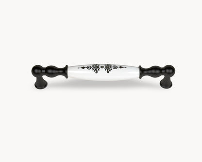 Belmira black cabinet handle with white porcelain insert and Midnight Blossom motif, 160mm centre to centre, front view