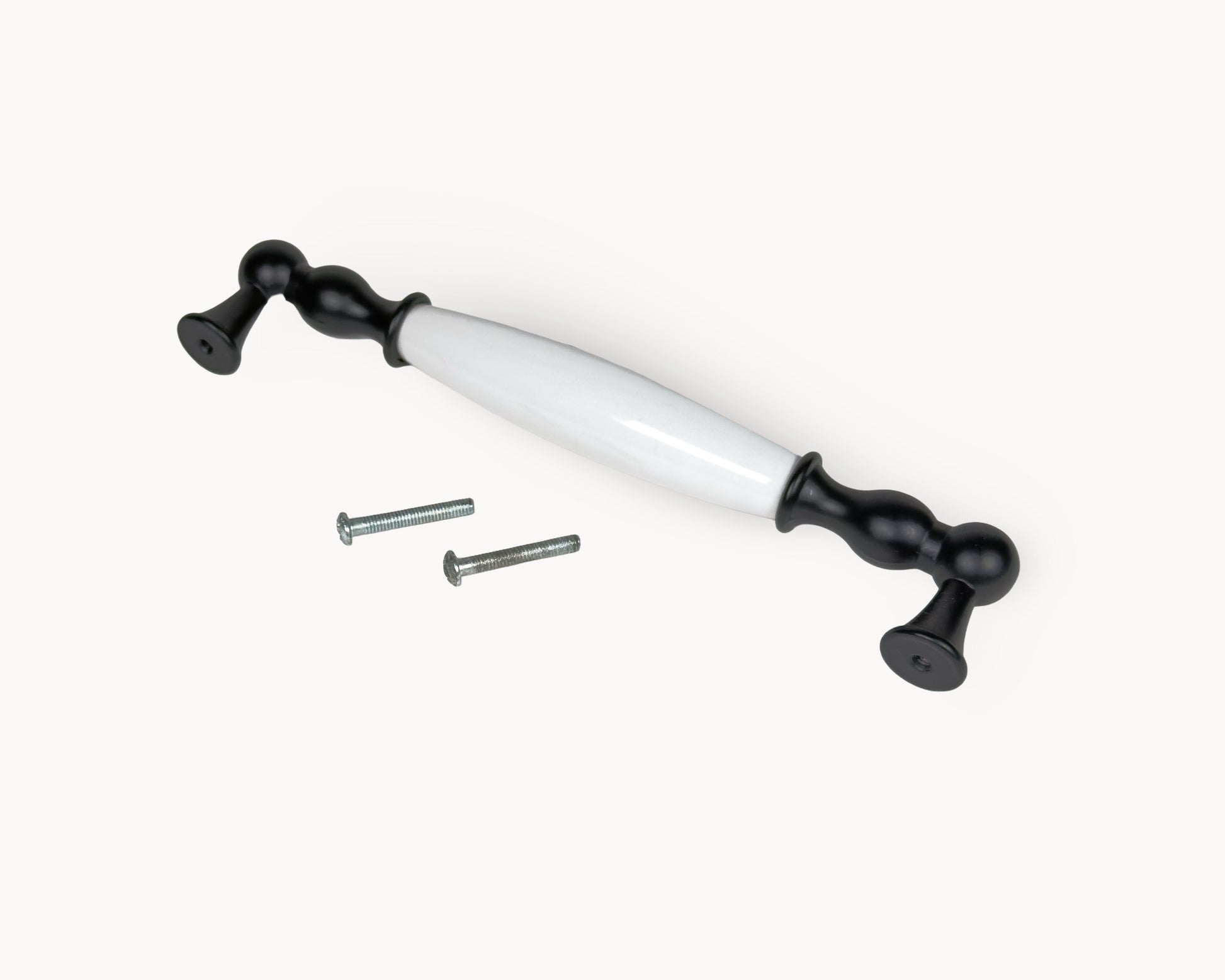 Belmira black porcelain cabinet handle with Midnight Blossom motif, 160mm centre to centre, shown with fixing screws