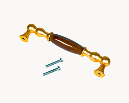 Belmira gold 128mm porcelain handle showing rear view and included fixing screws