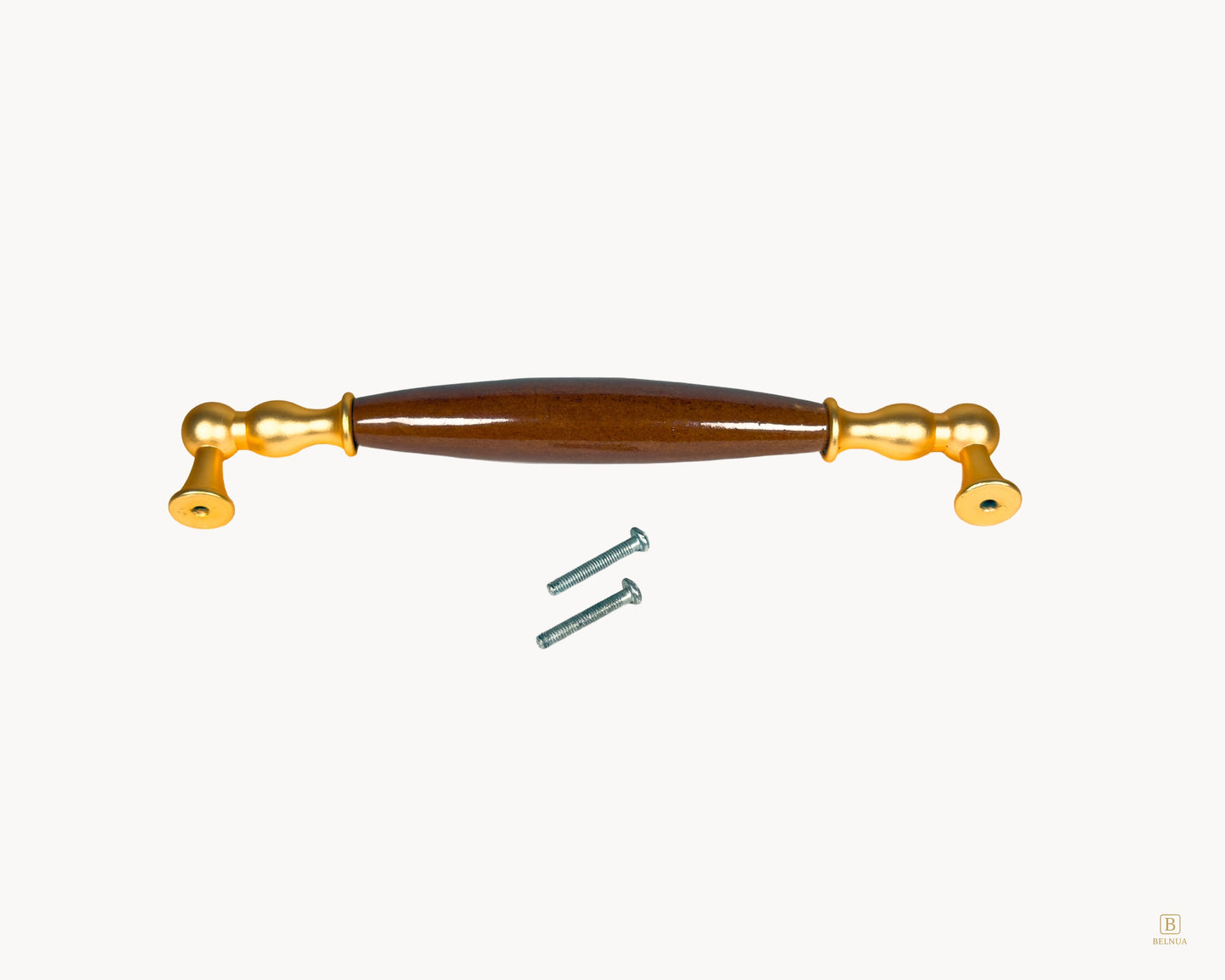 Belmira gold porcelain handle 192 mm showing rear view and fixing screws, dark brown insert