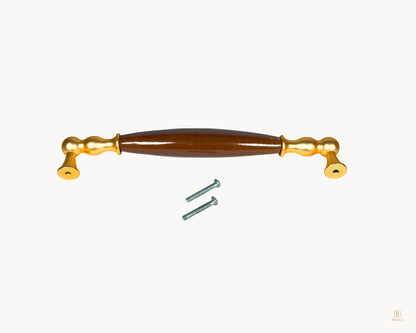 Belmira gold porcelain handle 192 mm showing rear view and fixing screws, dark brown insert