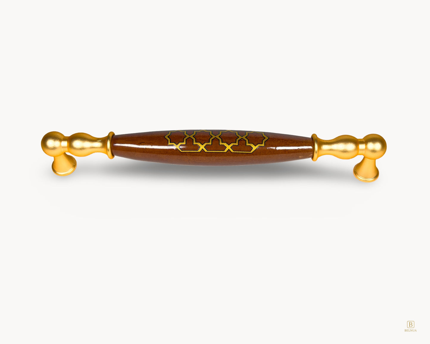 Belmira gold cabinet handle with dark brown porcelain and golden tile motif, 192 mm centre-to-centre, front view