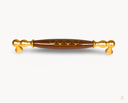 Belmira gold cabinet handle with dark brown porcelain and golden tile motif, 192 mm centre-to-centre, front view