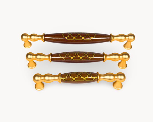 Belmira gold cabinet handles with dark brown porcelain inserts featuring Golden Tile motif, shown in 128mm, 160mm and 192mm sizes