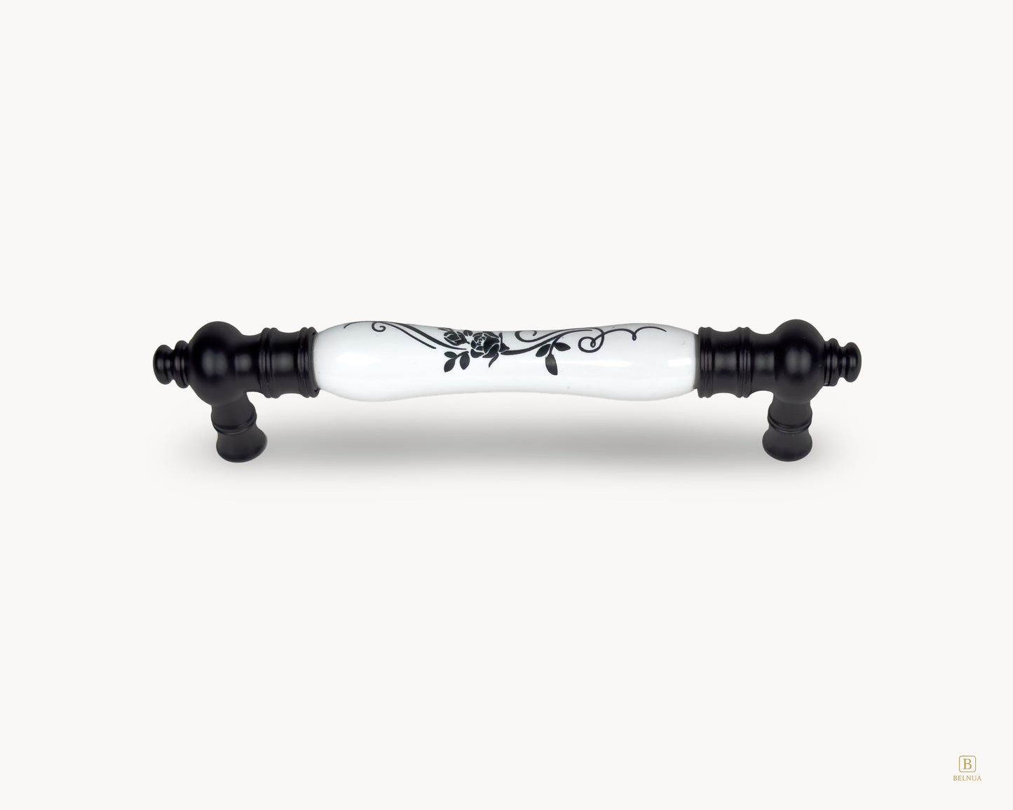 Eloura black porcelain cabinet handle 128mm centre to centre with white botanical insert