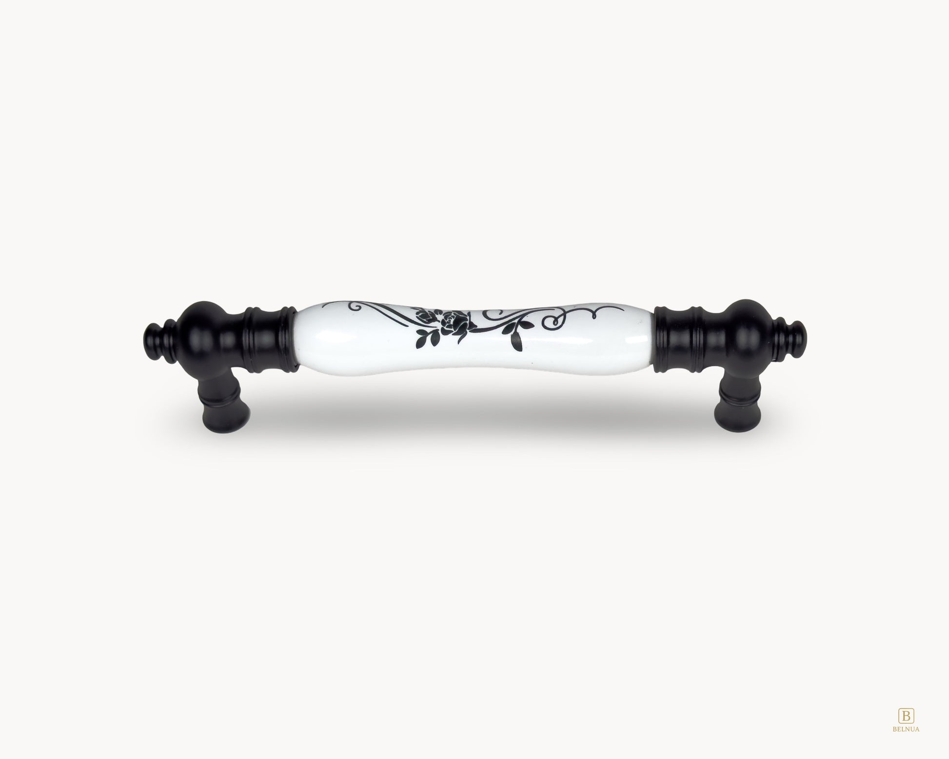 Eloura black porcelain cabinet handle 128mm centre to centre with white botanical insert