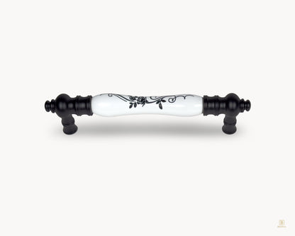 Eloura black porcelain cabinet handle 128mm centre to centre with white botanical insert
