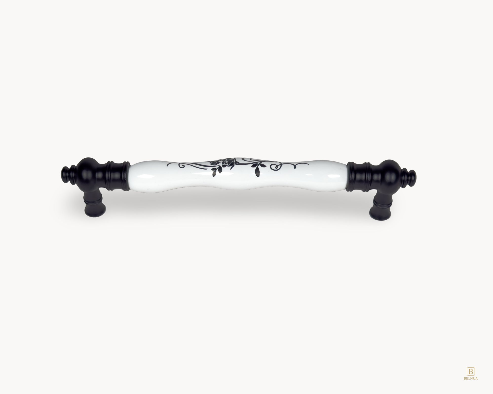 Eloura black porcelain cabinet handle 160mm with white ceramic and botanical floral motif