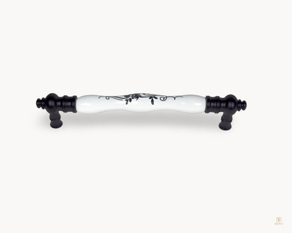 Eloura black porcelain cabinet handle 160mm with white ceramic and botanical floral motif
