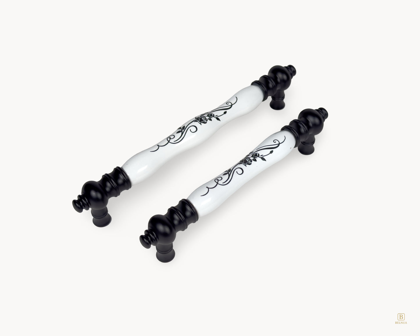 Group image of Eloura black handles highlighting curved porcelain shape and floral motif