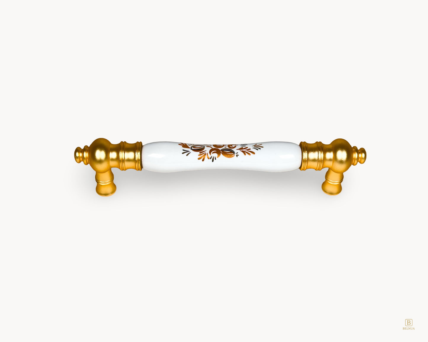 Eloura 128mm gold porcelain handle with Golden Arch Bloom motif, front view showing white porcelain insert and balanced proportions