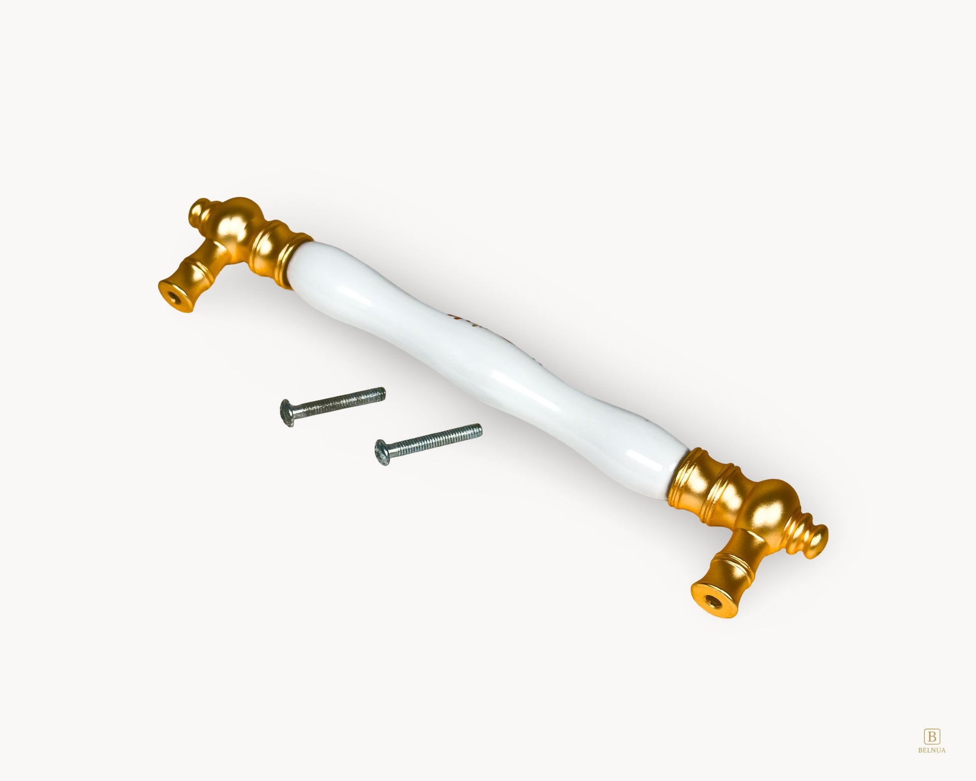 Gold porcelain cabinet handle with Golden Arch Bloom motif, 160 mm, shown with fixing screws.