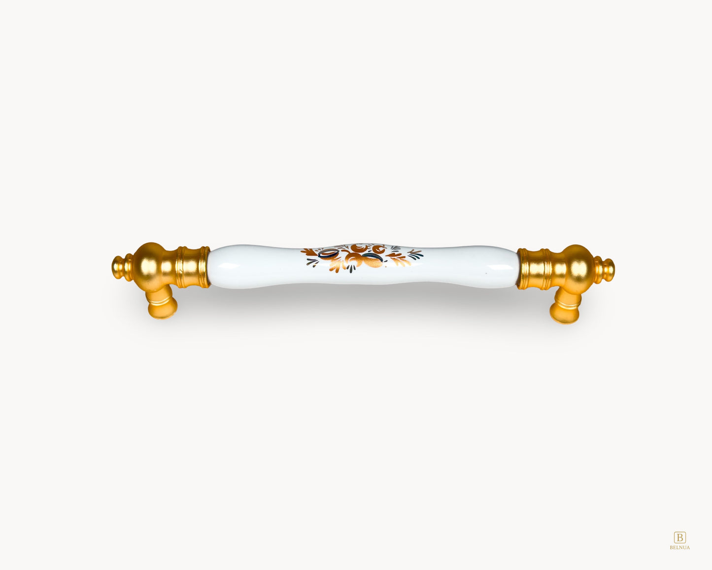 Gold porcelain handle with Golden Arch Bloom motif, 160 mm centre-to-centre, front view.
