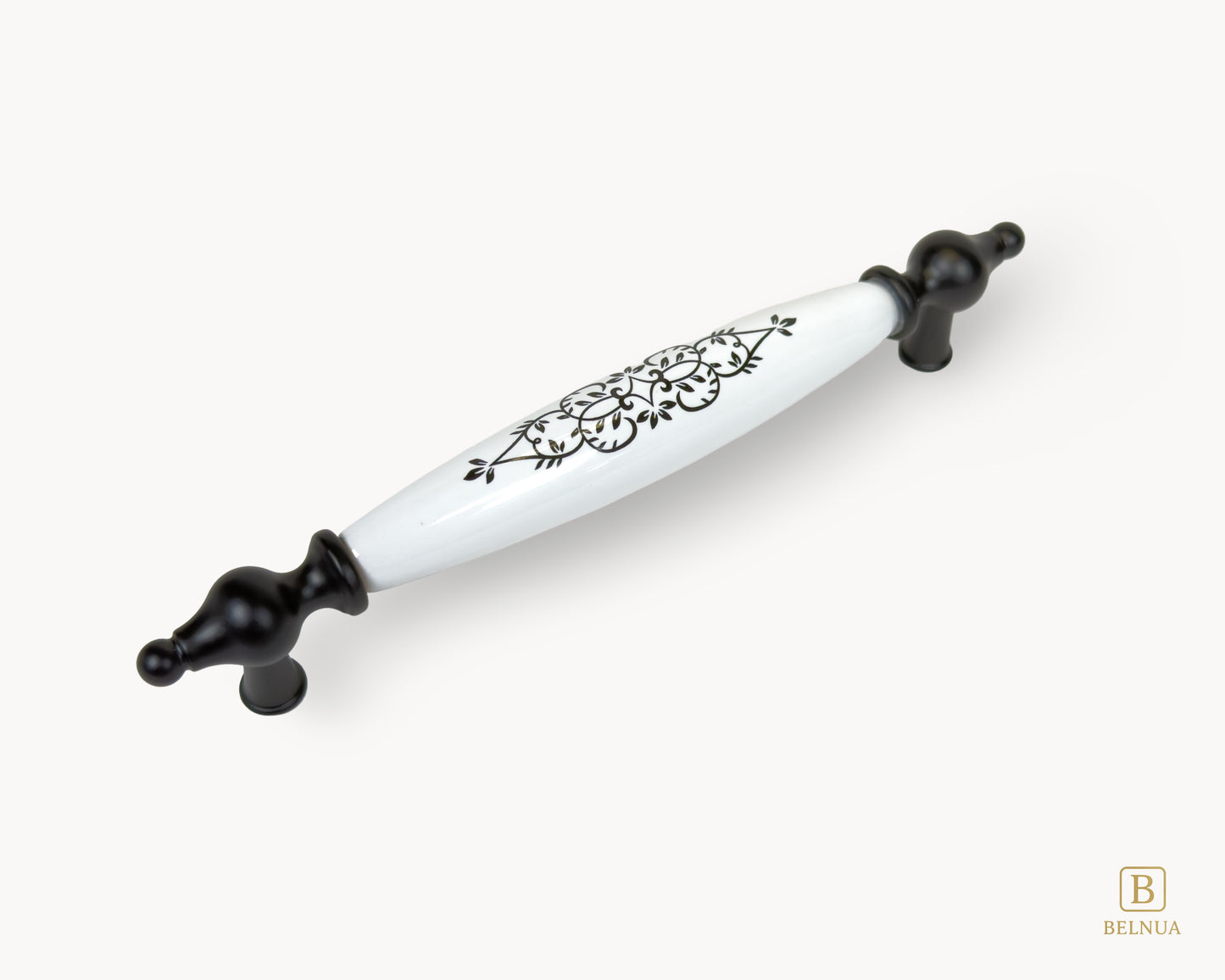 Angled view of Lumora black porcelain drawer handle 160mm with matte black base