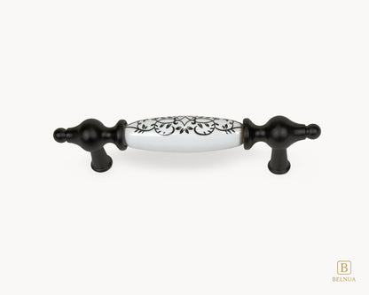 Belnua Lumora black porcelain handle 96mm center to center with floral ceramic detail