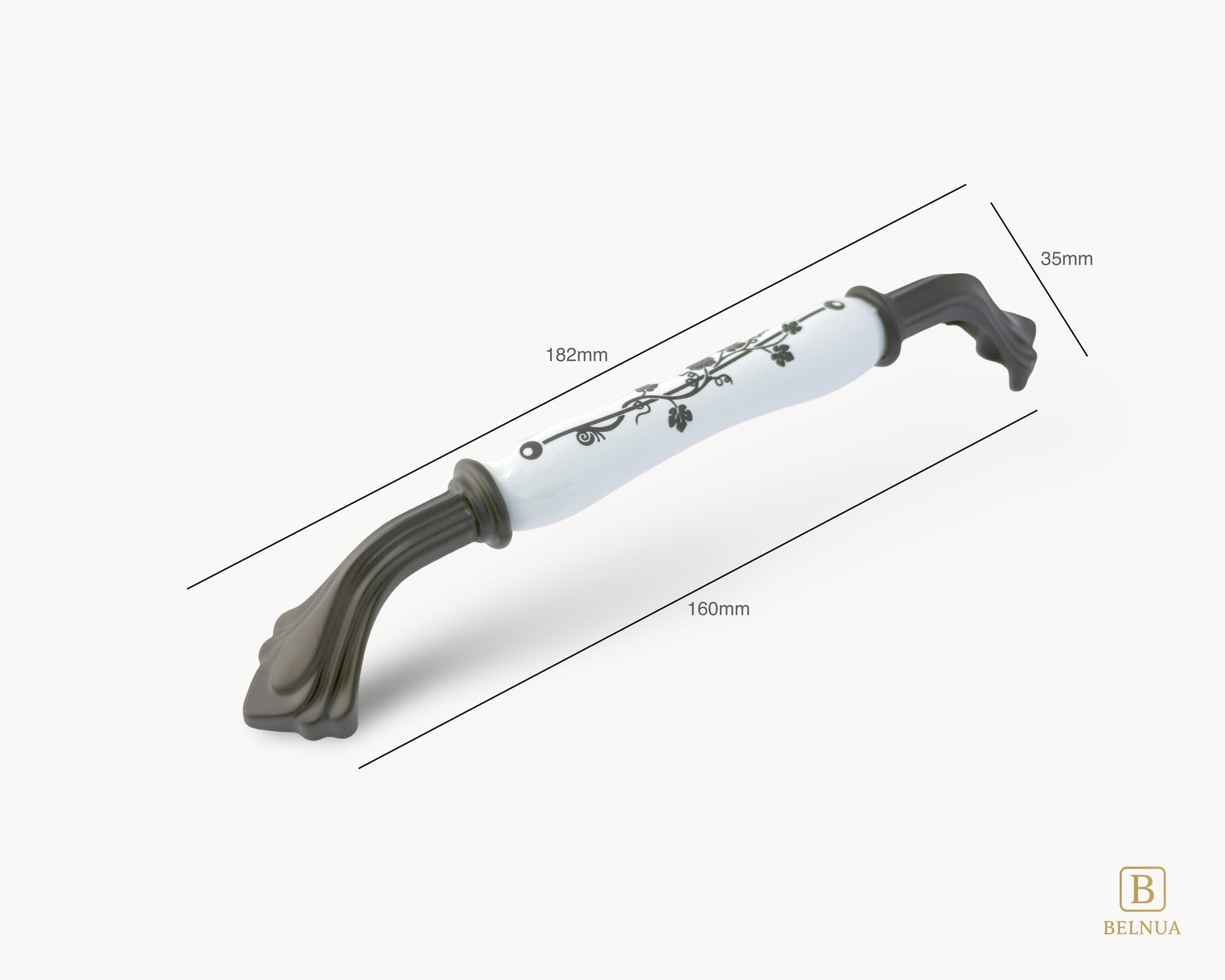 Belnua - Top angled view and measurement of ROSMIRA handle (160mm) with printed black leaf porcelain