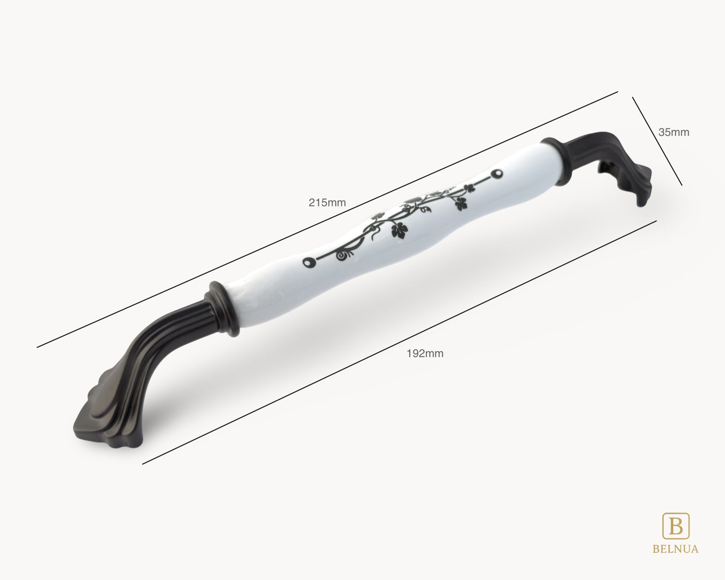 Belnua - Top angled view and measurement of ROSMIRA handle (192mm) with printed black leaf porcelain