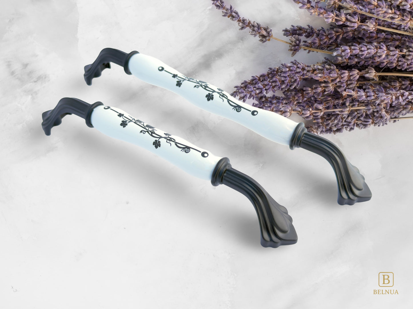 Belnua - Pair of Rosmira decorative matte black handle with black leaf motif on white porcelain featuring with lavender flowers
