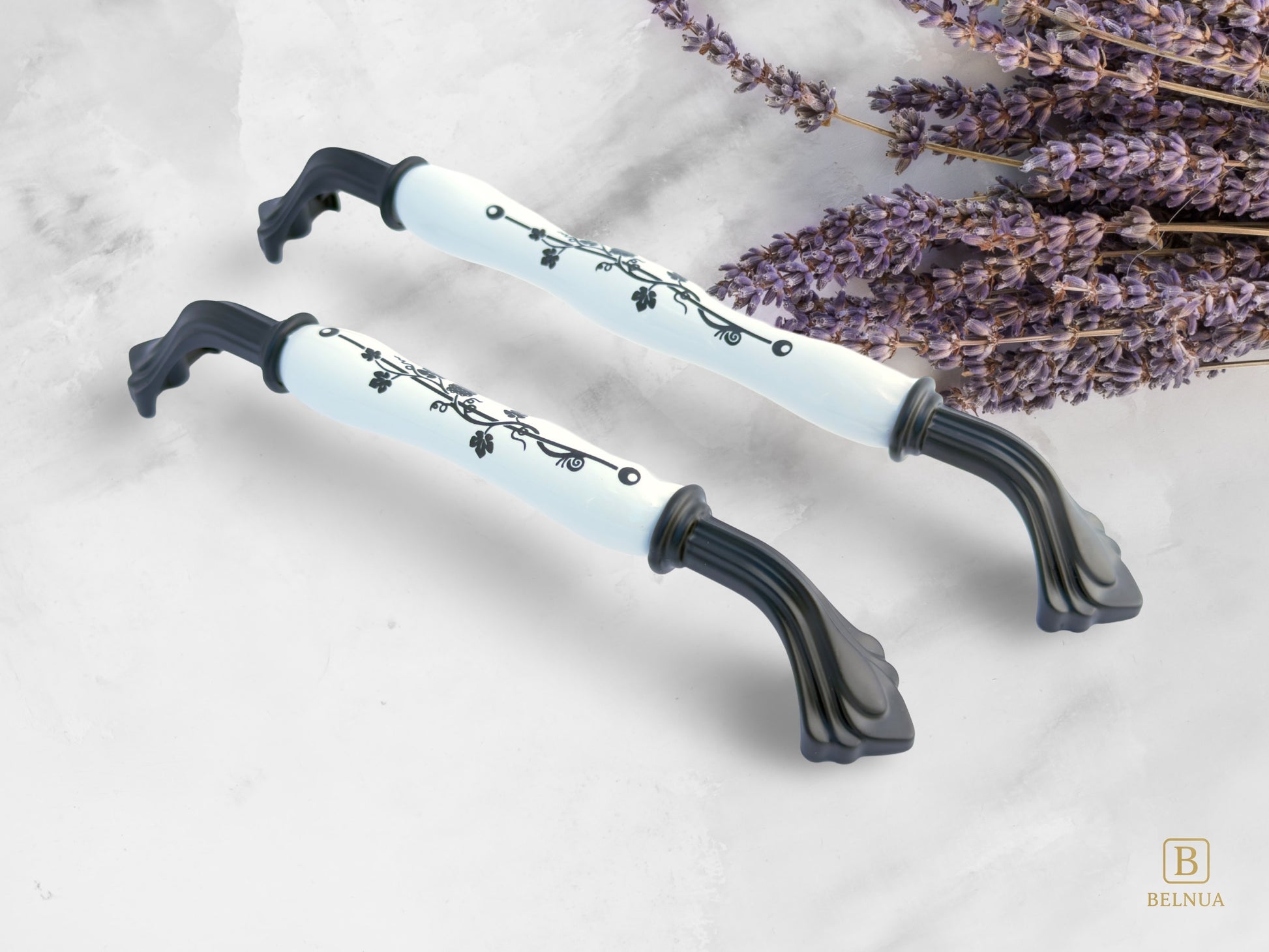 Belnua - Pair of Rosmira decorative matte black handle with black leaf motif on white porcelain featuring with lavender flowers