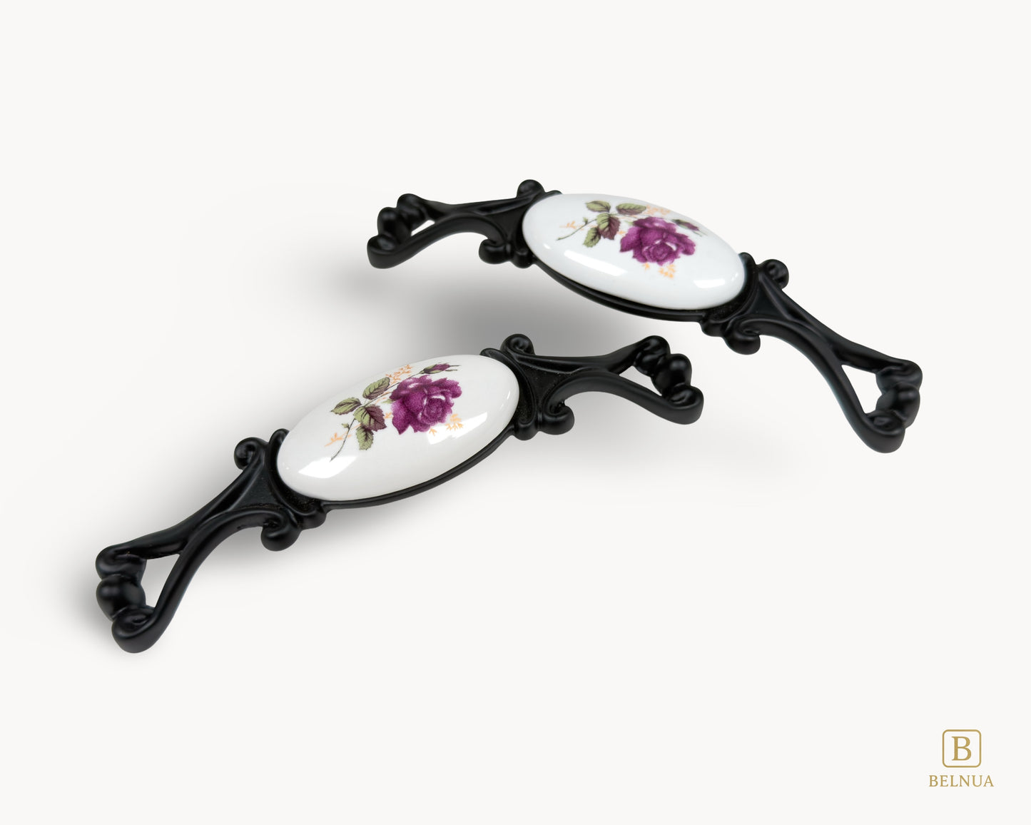 Belnua - Pair of Nureya black drawer  pull handle with white porcelain rose motif