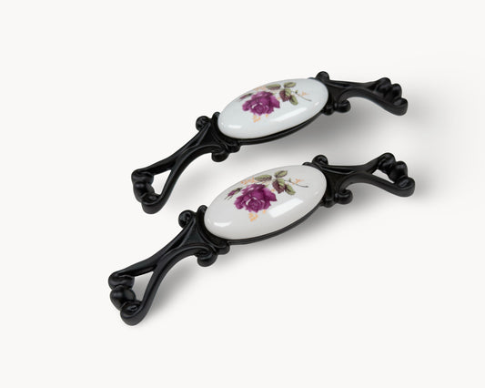 Belnua - Pair of Nureya black cabinet handle with white porcelain rose motif