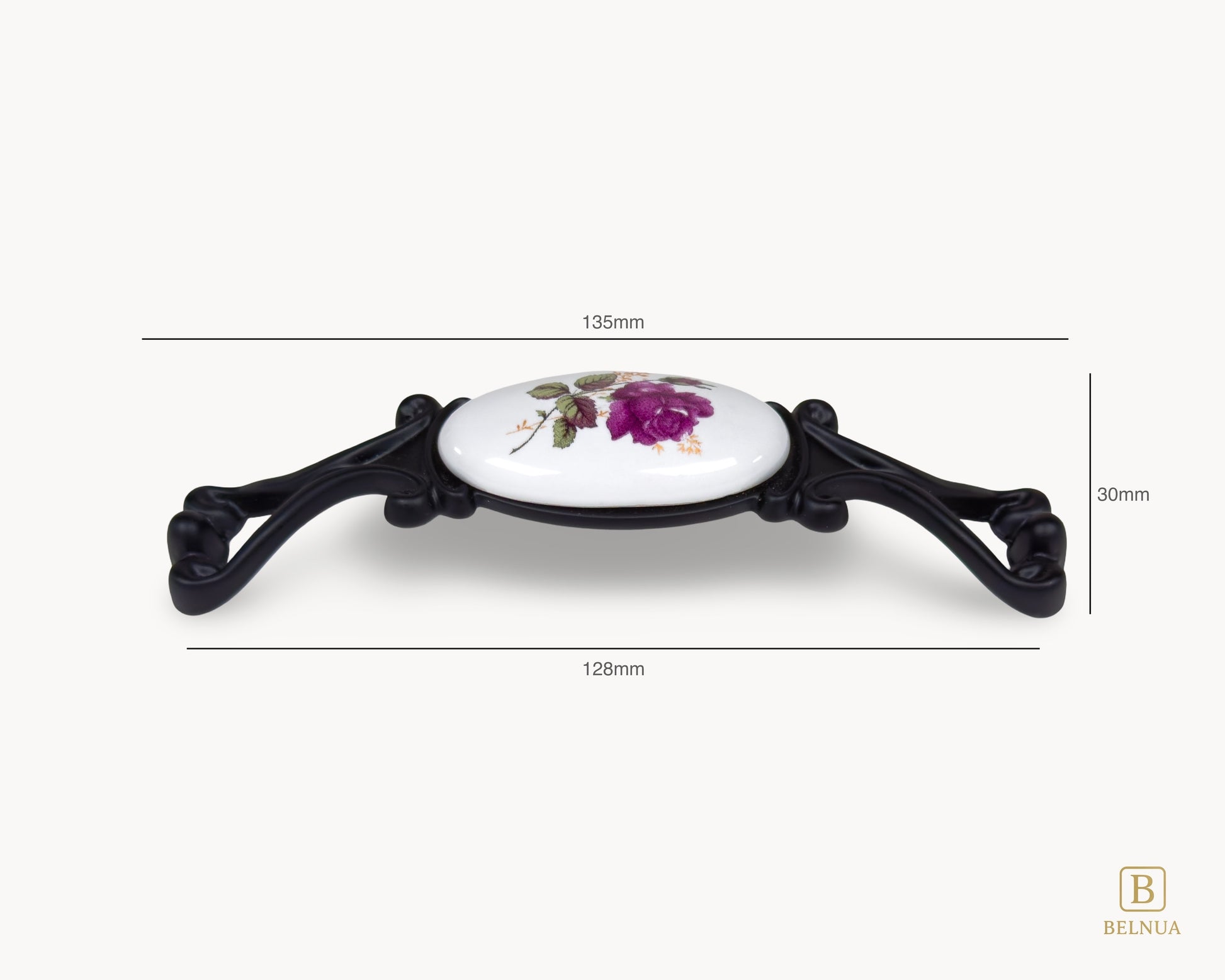 Belnua - Measurements of decorative Nureya cabinet pull handle with black metal base featuring rose motif on white ceramic/porcelain