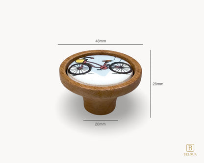 Belnua - Measurements of delicate Nuvino children knob with natural oak wood base and bicycle design porcelain insert for boys, girls, nursery, school, teens room and furniture
