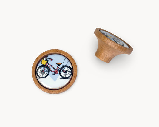 Belnua - Pair of luxury Nuvino children knob with oak wood base and bicycle design porcelain insert 