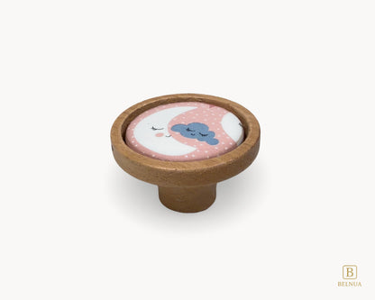 Belnua - Top flatlay view of delicate Nuvino children knob with oak wood and moon and star porcelain motif for kids, nursery, children, teens and girls room and furniture