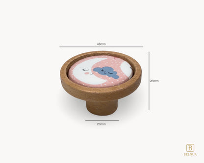 Belnua - Measurements of delicate Nuvino children knob with oak wood base and moon&star motif porcelain for nursery, children, teens, girls room and furniture