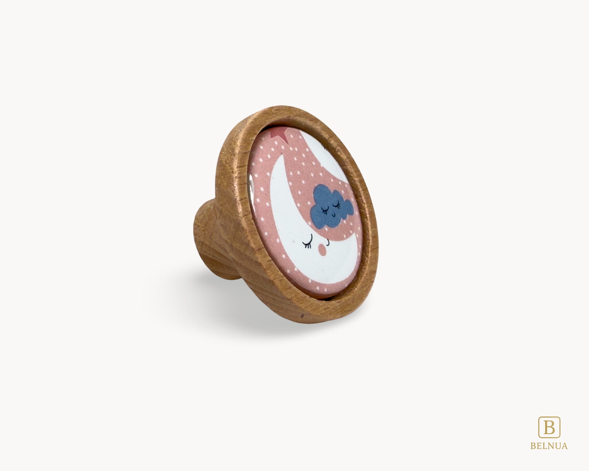 Belnua - Right angled view of luxury Nuvino children knob with oak wood base and moon&star motif porcelain for nursery, children, teens, girls room and furniture