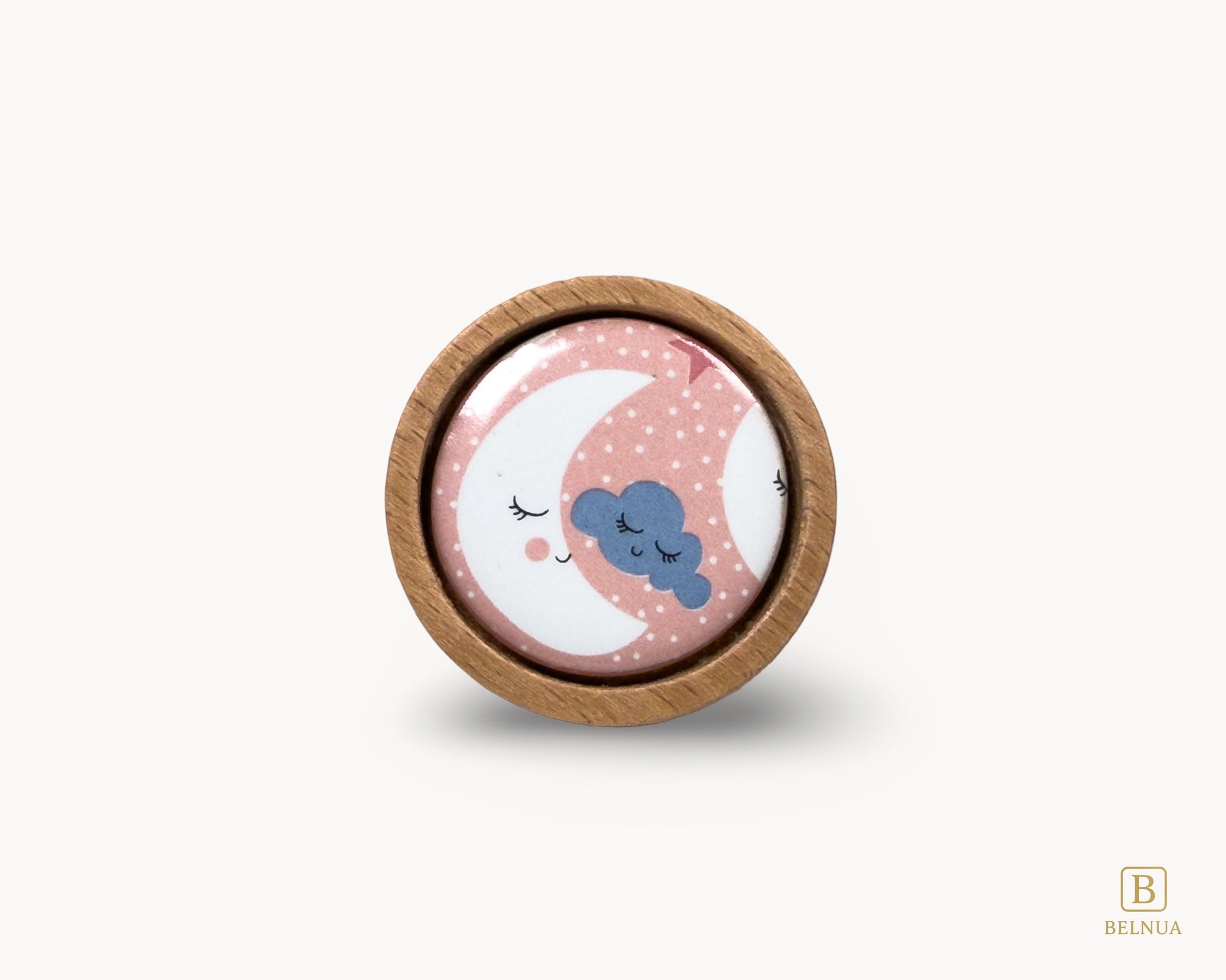 Belnua - Front closeup view of dreamy Nuvino children knob with oak wood base and moon&star motif porcelain for nursery, children, teens, girls room and furniture