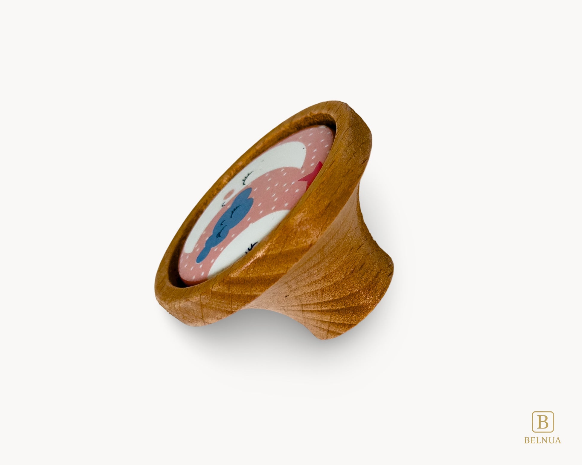 Belnua - Right back angled view of dreamy and delicate Nuvino children knob with oak wood base and moon&star motif porcelain for nursery, children, teens, girls room and furniture