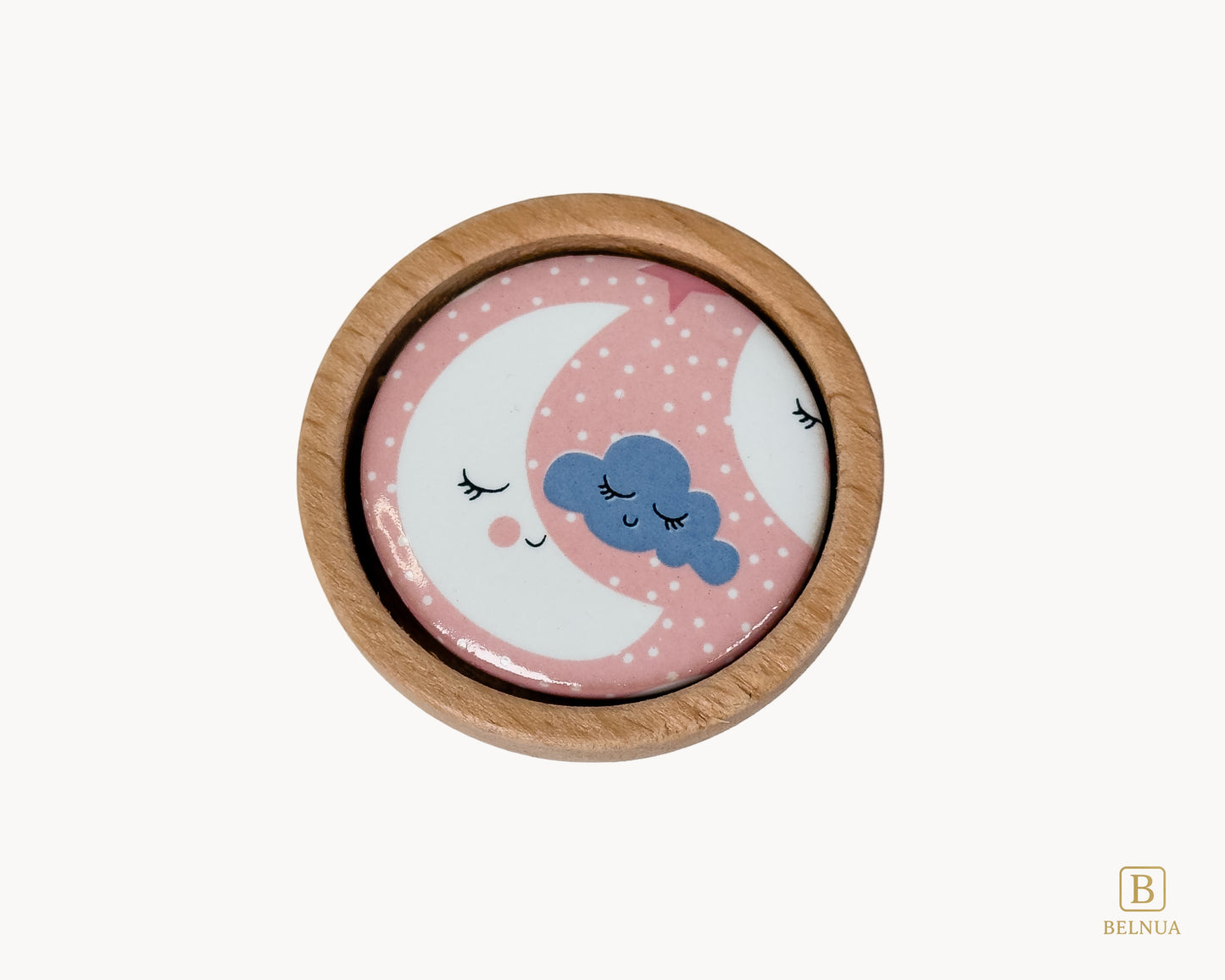 Belnua - Top closeup view of delicate Nuvino children knob with oak wood base and moon&star motif porcelain for nursery, children, teens, girls room and furniture