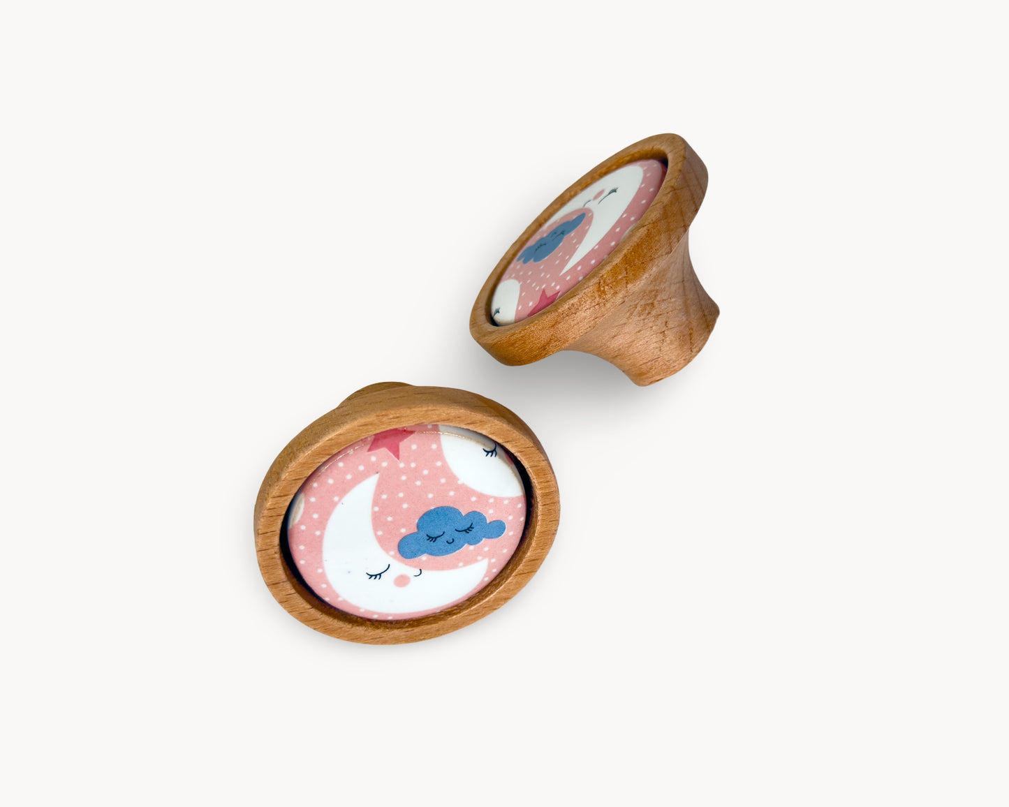 Belnua - Pair of Nuvino children oak wood knob with moon and star porcelain insert 