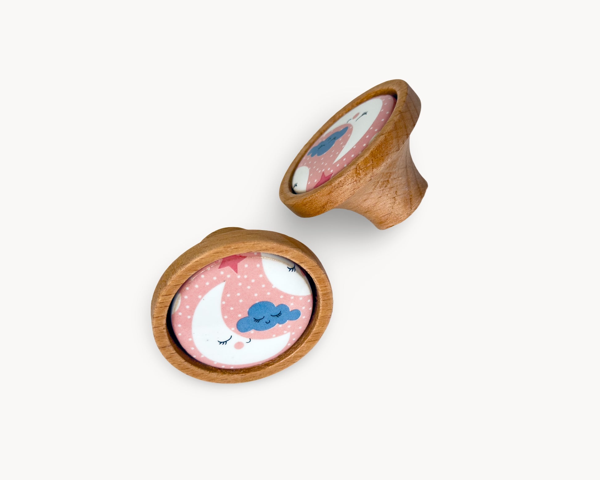 Belnua - Pair of Nuvino children oak wood knob with moon and star porcelain insert 