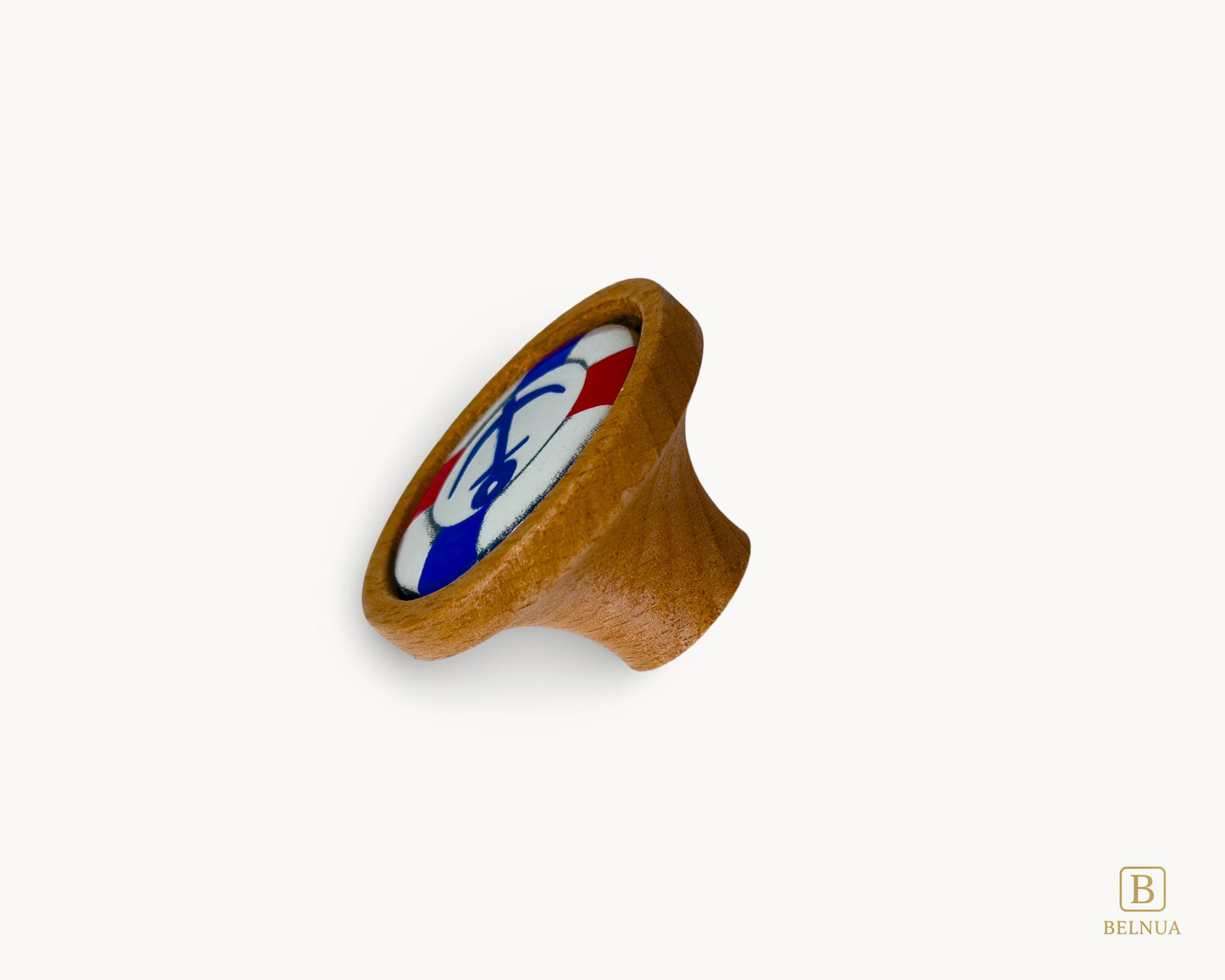 Belnua - Back angled view of luxury Nuvino natural oak wood knob with nautical anchor porcelain design for boys, teens rooms & wardrobe and nursery, school playrooms and storage. 