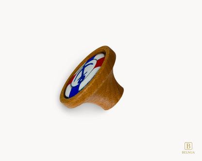 Belnua - Back angled view of luxury Nuvino natural oak wood knob with nautical anchor porcelain design for boys, teens rooms & wardrobe and nursery, school playrooms and storage. 